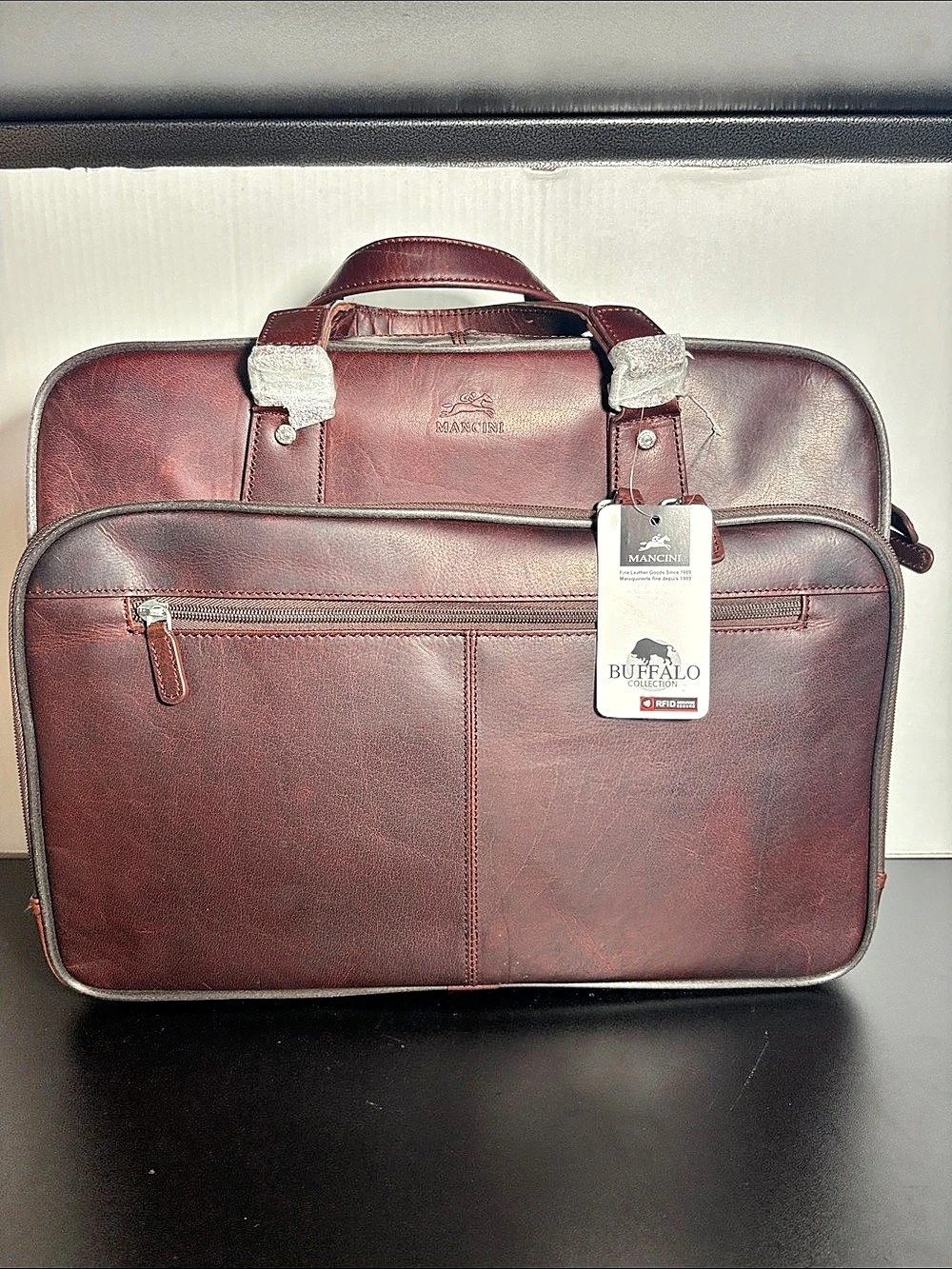Mancini Buffalo Collection Leather Double Compartment Leather Briefcase in Brown